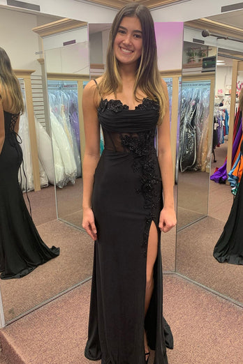 Spaghetti Straps Beaded Black Appliques Mermaid Long Prom Dress with Slit