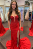 Load image into Gallery viewer, Sparkly Beaded Spaghetti Straps Red Corset Mermaid Long Prom Dress with Slit