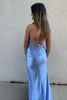 Load image into Gallery viewer, Sparkly Corset Sequins Mermaid Ruched Grey Blue Long Prom Dress with Slit