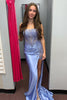 Load image into Gallery viewer, Sparkly Corset Sequins Mermaid Ruched Grey Blue Long Prom Dress with Slit