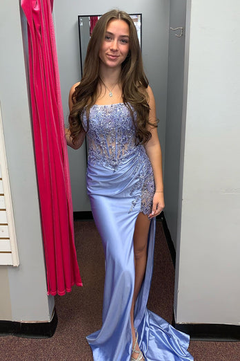 Sparkly Corset Sequins Mermaid Ruched Grey Blue Long Prom Dress with Slit