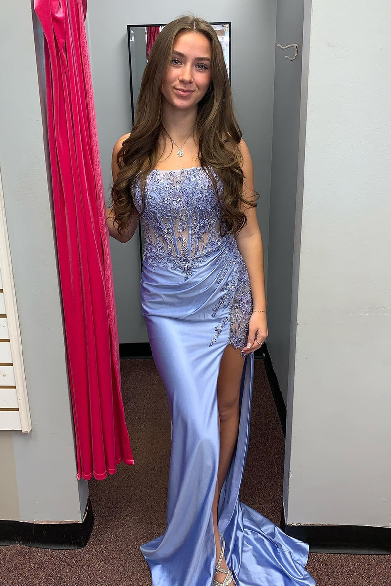 Load image into Gallery viewer, Sparkly Corset Sequins Mermaid Ruched Grey Blue Long Prom Dress with Slit