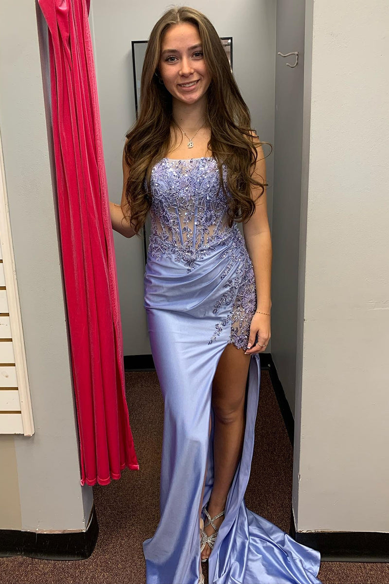 Load image into Gallery viewer, Sparkly Corset Sequins Mermaid Ruched Grey Blue Long Prom Dress with Slit