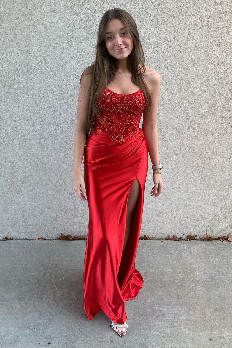 Load image into Gallery viewer, Sparkly Red Mermaid Corset Sequins Spaghetti Straps Long Prom Dress with Slit