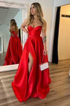 A Line Red Strapless Corset Long Prom Dress with Slit