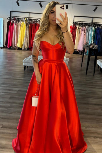 A Line Red Strapless Corset Long Prom Dress with Slit