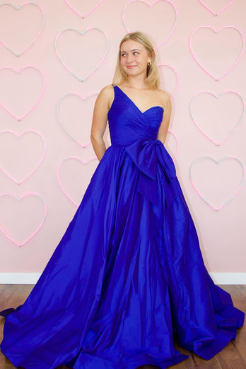 Royal Blue A Line One Shoulder Long Prom Dress with Slit