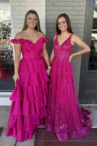 A Line Fuchsia Off the Shoulder Tiered Corset Long Prom Dress with Slit