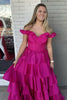 Load image into Gallery viewer, A Line Fuchsia Off the Shoulder Tiered Corset Long Prom Dress with Slit