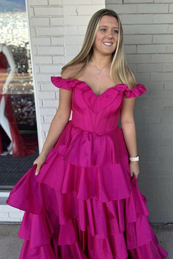 A Line Fuchsia Off the Shoulder Tiered Corset Long Prom Dress with Slit