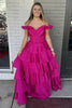 Load image into Gallery viewer, A Line Fuchsia Off the Shoulder Tiered Corset Long Prom Dress with Slit