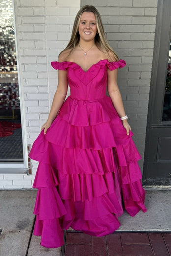 A Line Fuchsia Off the Shoulder Tiered Corset Long Prom Dress with Slit