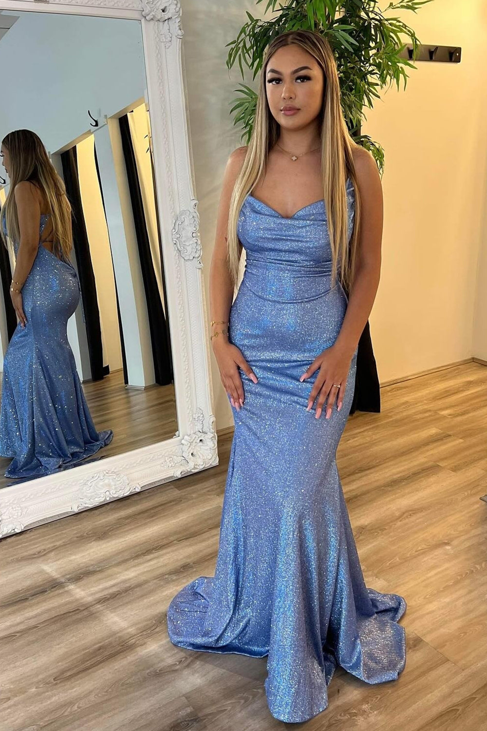 Sparkly Grey Blue Spaghetti Straps Sequins Mermaid Long Prom Dress