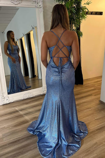 Sparkly Grey Blue Spaghetti Straps Sequins Mermaid Long Prom Dress