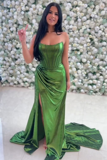 Sparkly Dark Green Corset Ruched Mermaid Long Prom Dress with Slit