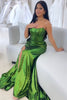 Load image into Gallery viewer, Sparkly Dark Green Corset Ruched Mermaid Long Prom Dress with Slit