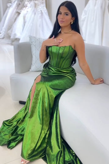 Sparkly Dark Green Corset Ruched Mermaid Long Prom Dress with Slit