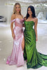 Load image into Gallery viewer, Sparkly Dark Green Corset Ruched Mermaid Long Prom Dress with Slit