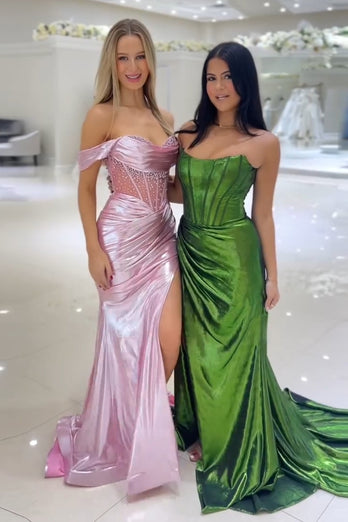 Sparkly Dark Green Corset Ruched Mermaid Long Prom Dress with Slit