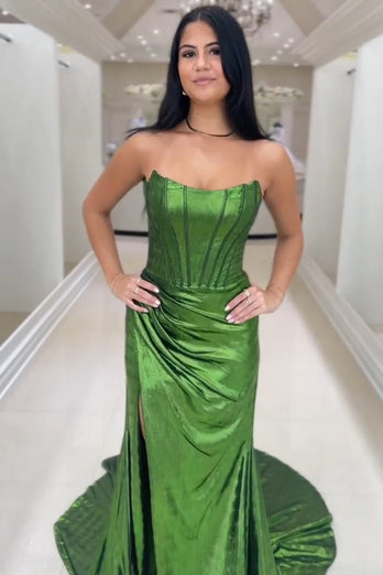 Sparkly Dark Green Corset Ruched Mermaid Long Prom Dress with Slit