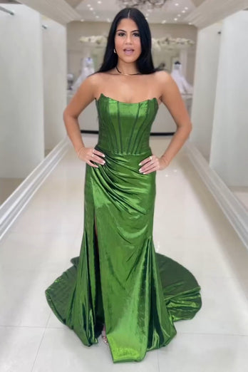 Sparkly Dark Green Corset Ruched Mermaid Long Prom Dress with Slit