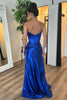 Load image into Gallery viewer, Strapless Royal Blue Corset Ruched Long Prom Dress with Slit