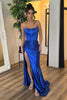 Load image into Gallery viewer, Strapless Royal Blue Corset Ruched Long Prom Dress with Slit