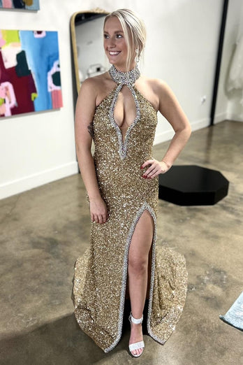 Sparkly Golden Beaded Halter Neck Cut Out Mermaid Prom Dress with Slit