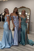 Load image into Gallery viewer, Sparkly Grey Green Corset Beaded Off the Shoulder Mermaid Prom Dress with Slit