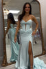 Load image into Gallery viewer, Sparkly Corset Beaded Strapless Mermaid Light Green Cut Out Prom Dress with Slit