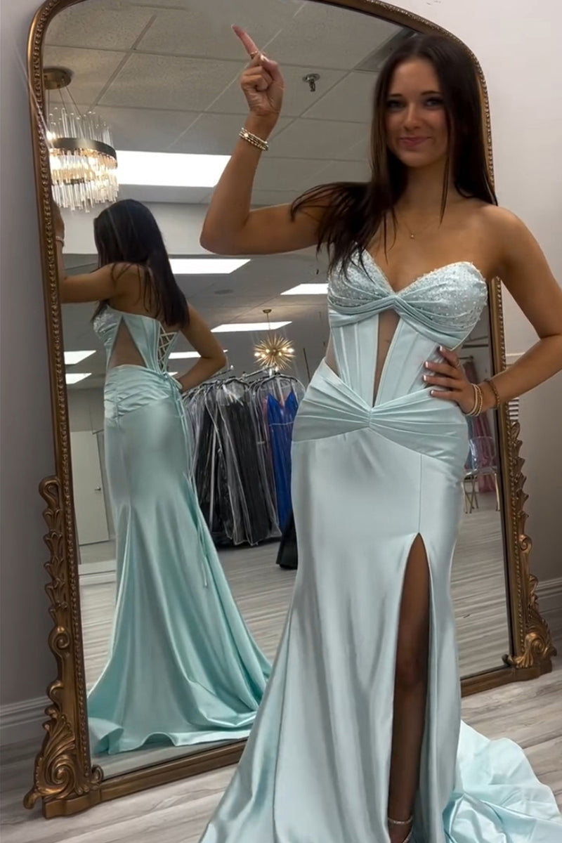 Load image into Gallery viewer, Sparkly Corset Beaded Strapless Mermaid Light Green Cut Out Prom Dress with Slit