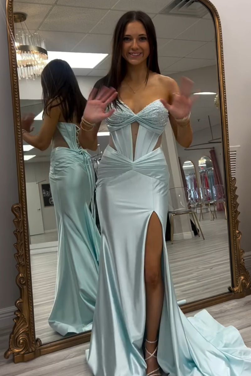 Load image into Gallery viewer, Sparkly Corset Beaded Strapless Mermaid Light Green Cut Out Prom Dress with Slit