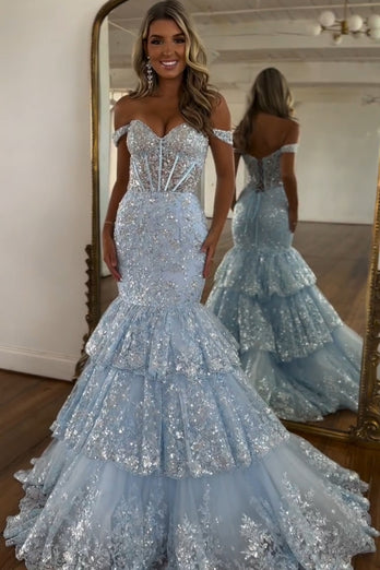 Sparkly Corset Off the Shoulder Light Blue Tiered Prom Dress with Sequins