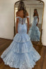 Load image into Gallery viewer, Sparkly Corset Off the Shoulder Light Blue Tiered Prom Dress with Sequins