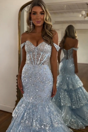 Sparkly Corset Off the Shoulder Light Blue Tiered Prom Dress with Sequins