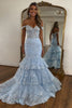 Load image into Gallery viewer, Sparkly Corset Off the Shoulder Light Blue Tiered Prom Dress with Sequins