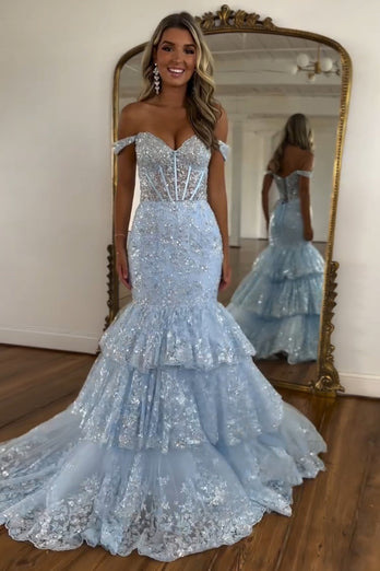 Sparkly Corset Off the Shoulder Light Blue Tiered Prom Dress with Sequins