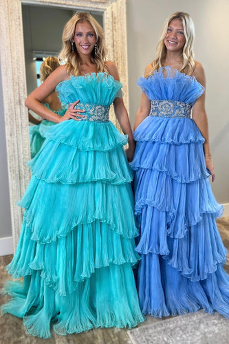 Sparkly Tiered Tulle Strapless A Line Beaded Blue Prom Dress