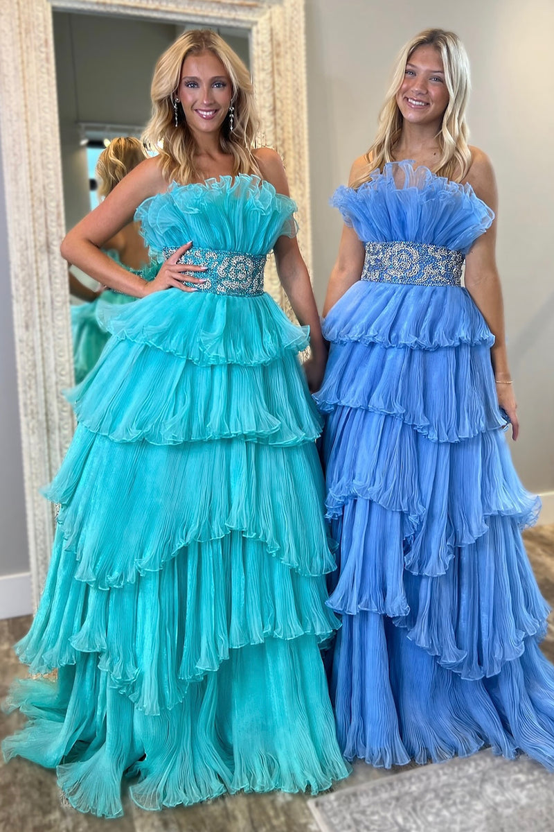 Load image into Gallery viewer, Sparkly Tiered Tulle Strapless A Line Beaded Blue Prom Dress