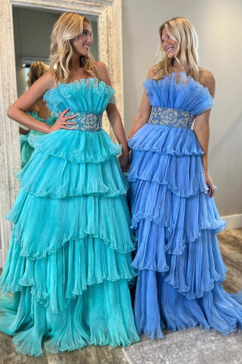 Sparkly Tiered Tulle Strapless A Line Beaded Blue Prom Dress