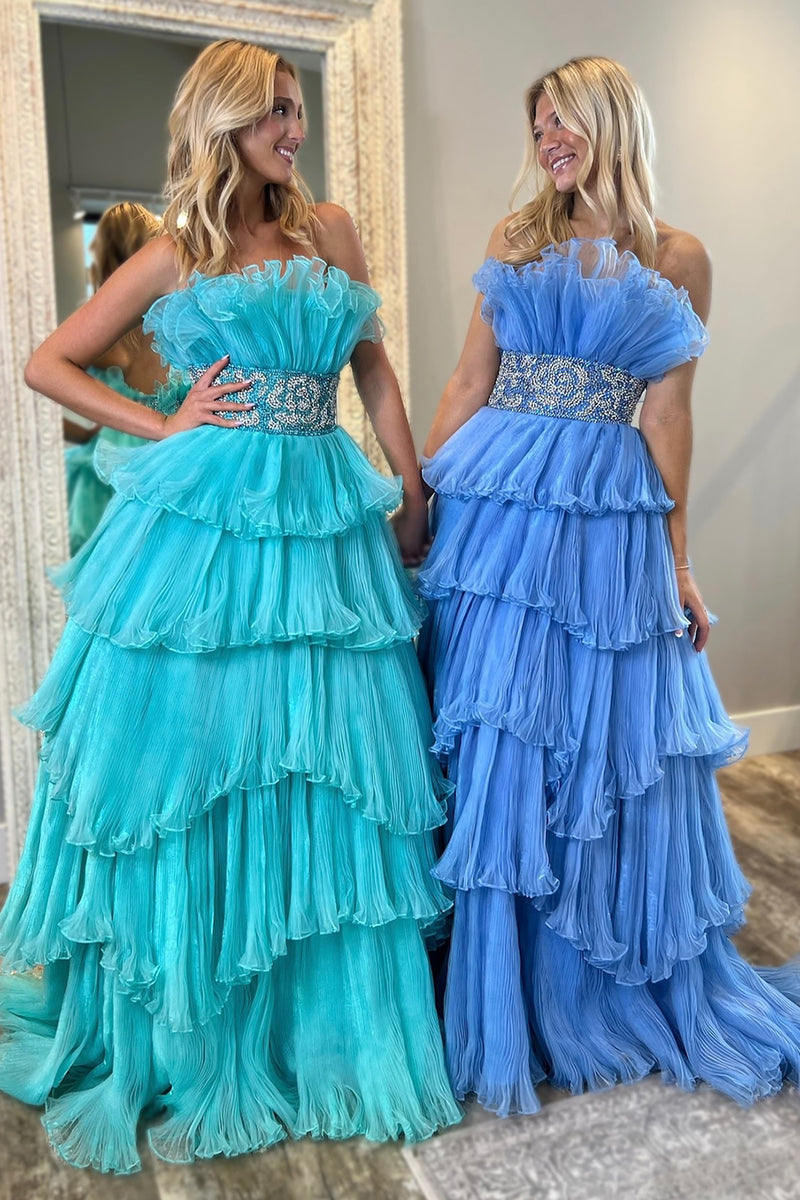 Load image into Gallery viewer, Sparkly Tiered Tulle Strapless A Line Beaded Blue Prom Dress