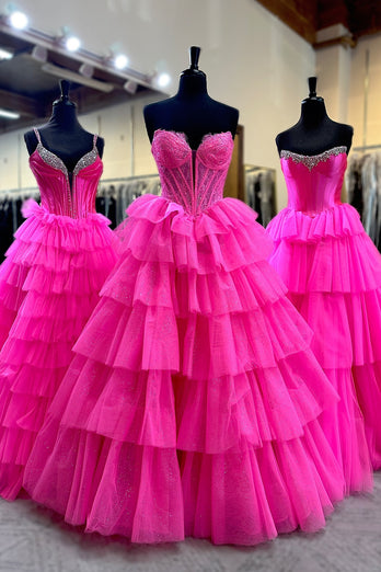 Fuchsia Tiered Tulle Strapless Corset A Line Long Prom Dress