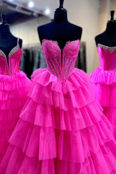 Fuchsia Tiered Tulle Strapless Corset A Line Long Prom Dress