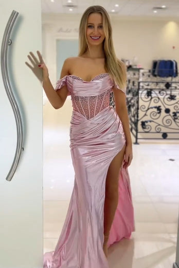 Off the Shoulder Sparkly Corset Pink Beaded Long Prom Dress with Slit