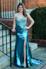 Load image into Gallery viewer, Sparkly Peacock Blue Metallic Corset Beaded Prom Dress with Slit