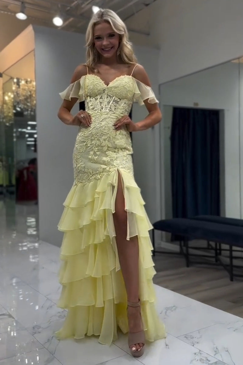 Load image into Gallery viewer, Yellow Cold Shoulder Corset Appliques Tiered Prom Dress with Slit