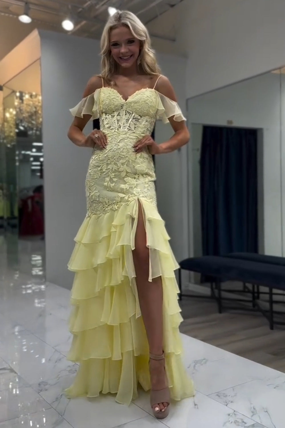 Yellow Cold Shoulder Corset Appliques Tiered Prom Dress with Slit