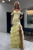 Load image into Gallery viewer, Yellow Cold Shoulder Corset Appliques Tiered Prom Dress with Slit