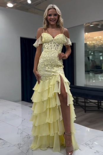 Yellow Cold Shoulder Corset Appliques Tiered Prom Dress with Slit