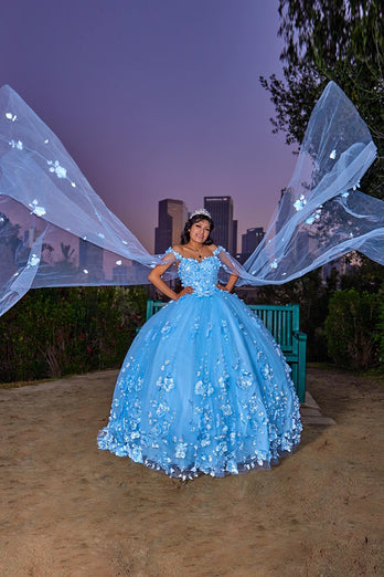 Glitter Blue Off the Shoulder Tulle Long Ball Gown with Floral Appliques